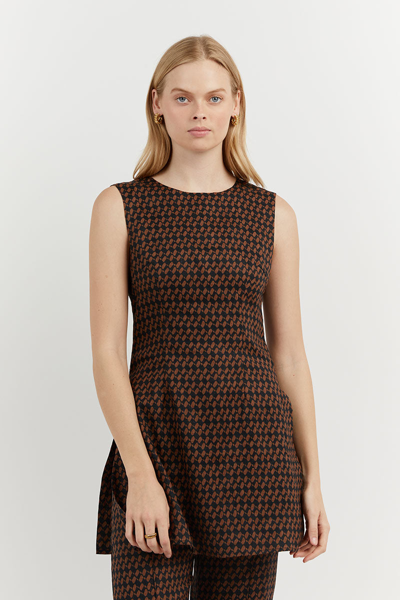 FAME BLACK CHOC GEO LINEN TUNIC