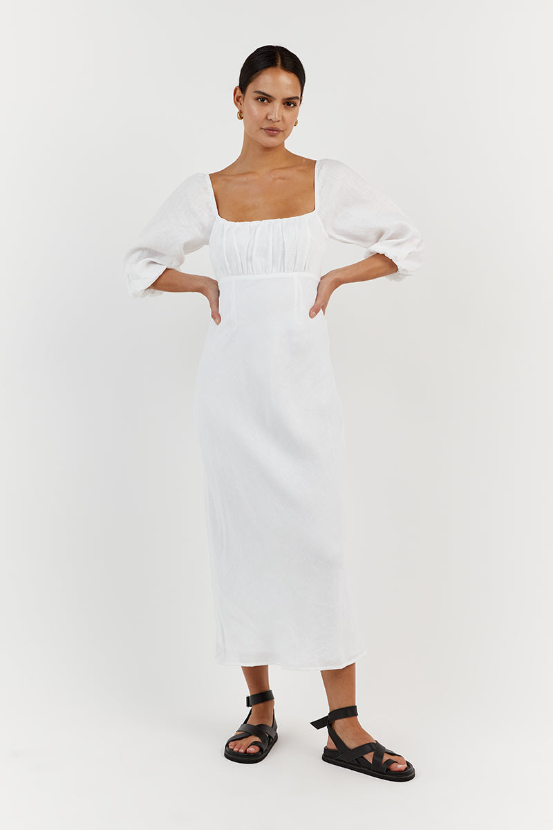 LILAH WHITE LINEN MIDI DRESS