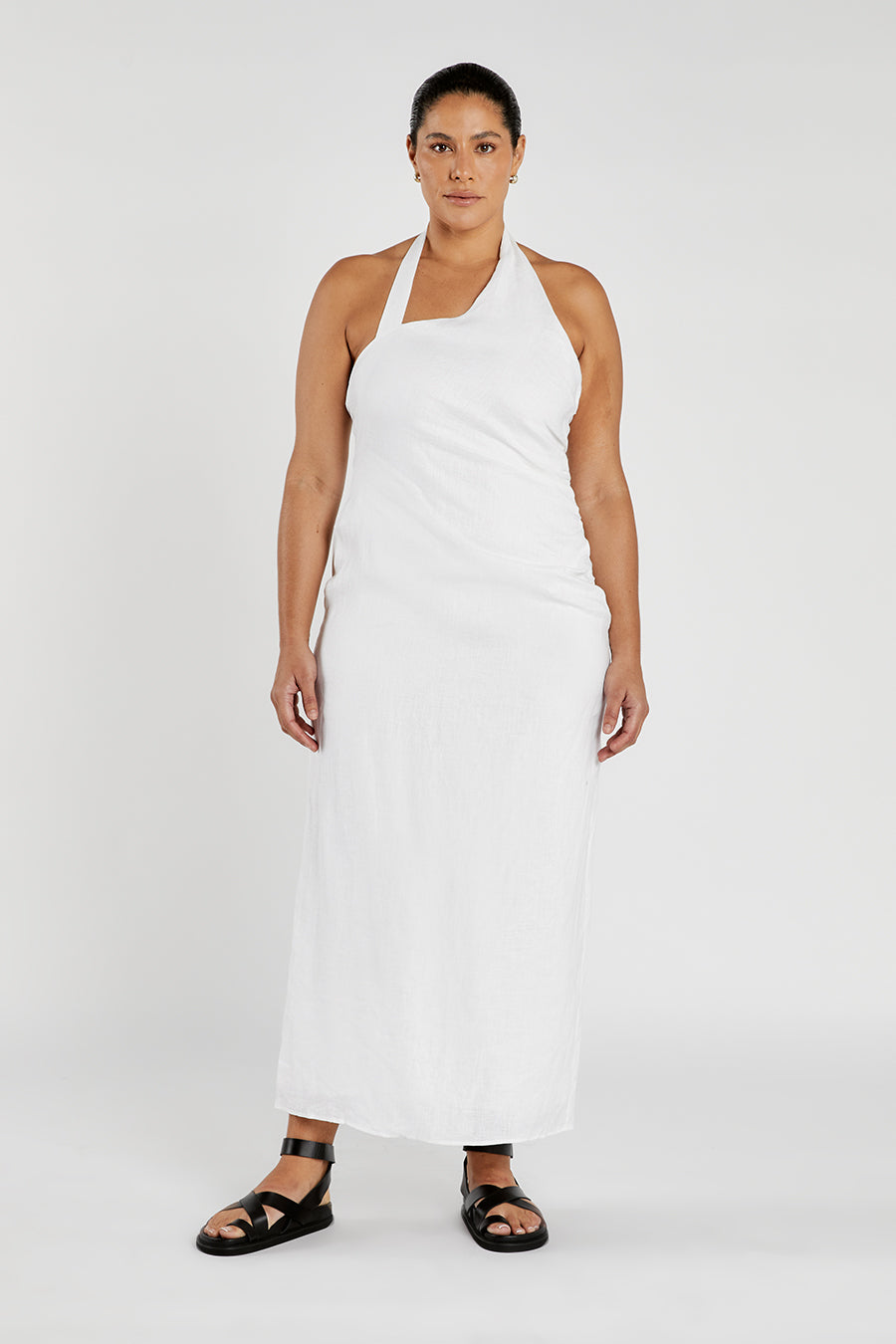 ZOEY WHITE ASYM LINEN MIDI DRESS