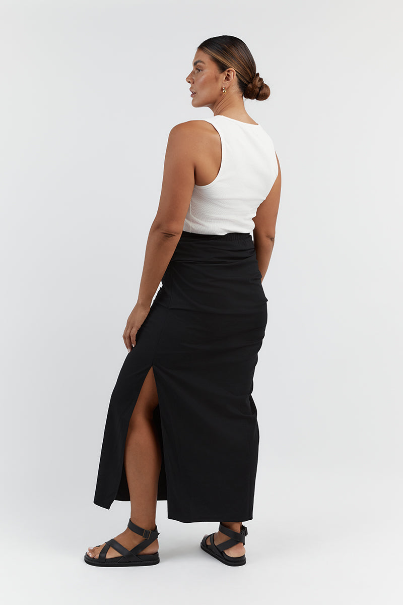 JAMIE RUCHED BLACK MIDI SKIRT