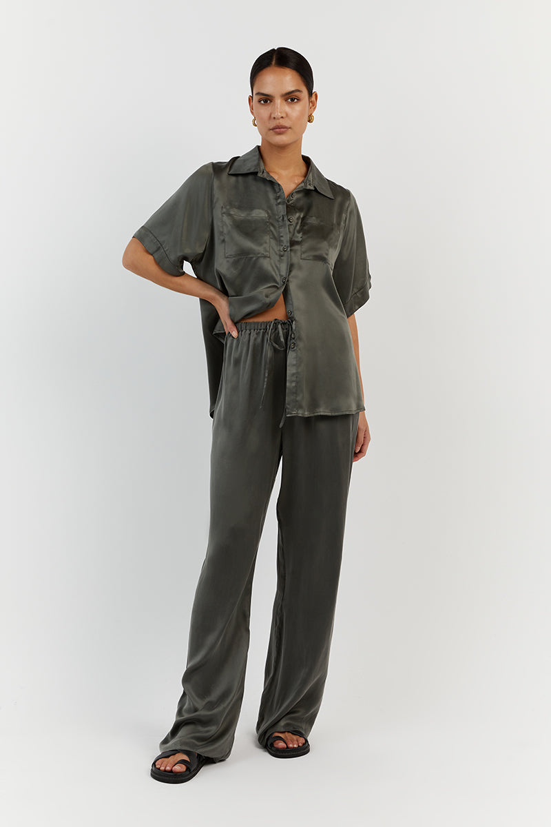 EVANS DARK OLIVE SILK PANT