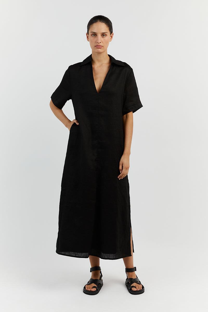 CANDICE BLACK LINEN MIDI DRESS