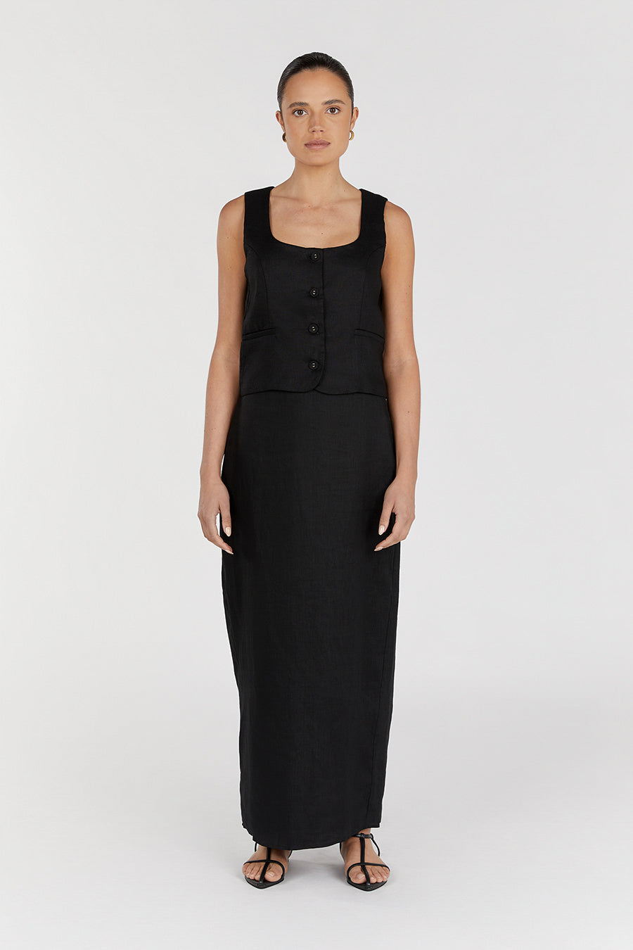 ROBERTS BLACK LINEN MIDI SKIRT