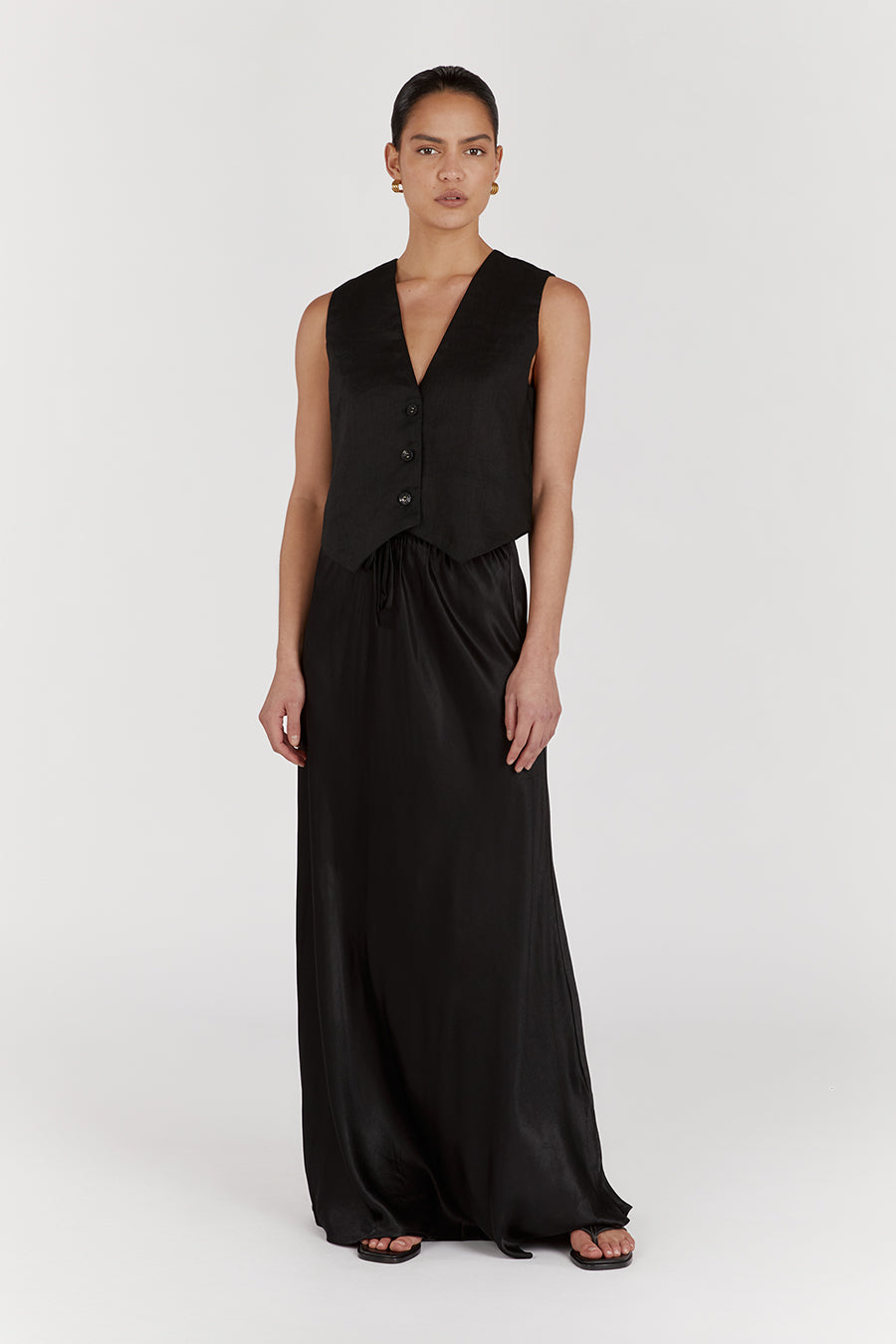 BLOOM SHINY BLACK SATIN MIDI SKIRT