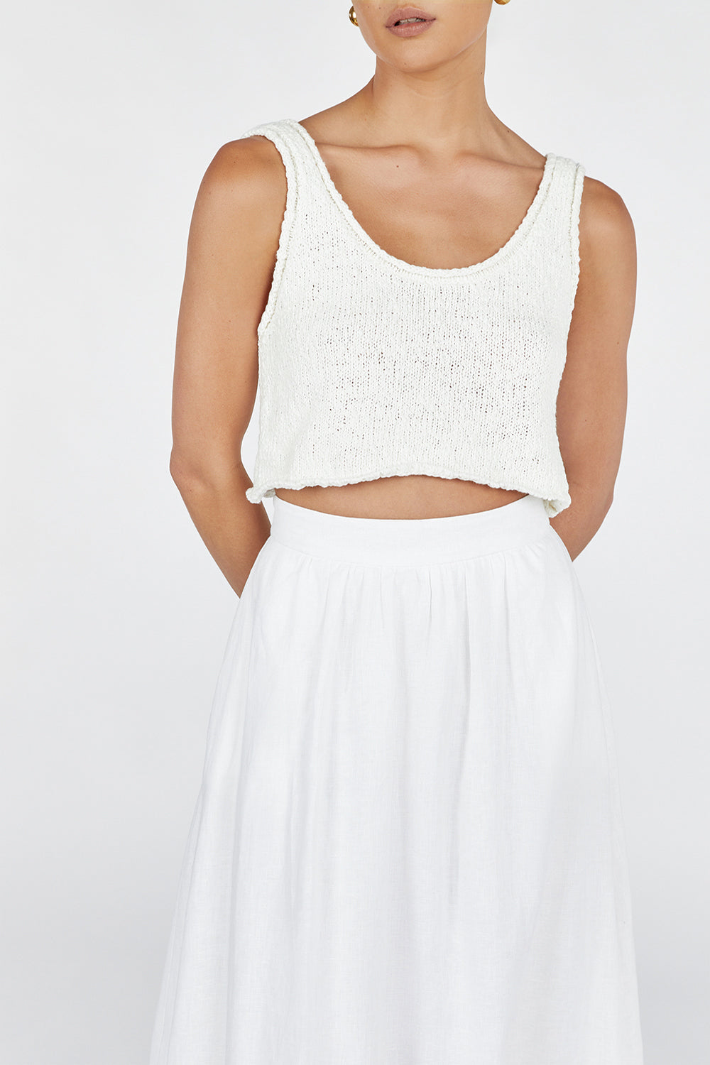 GEMIMA WHITE LINEN MIDI SKIRT