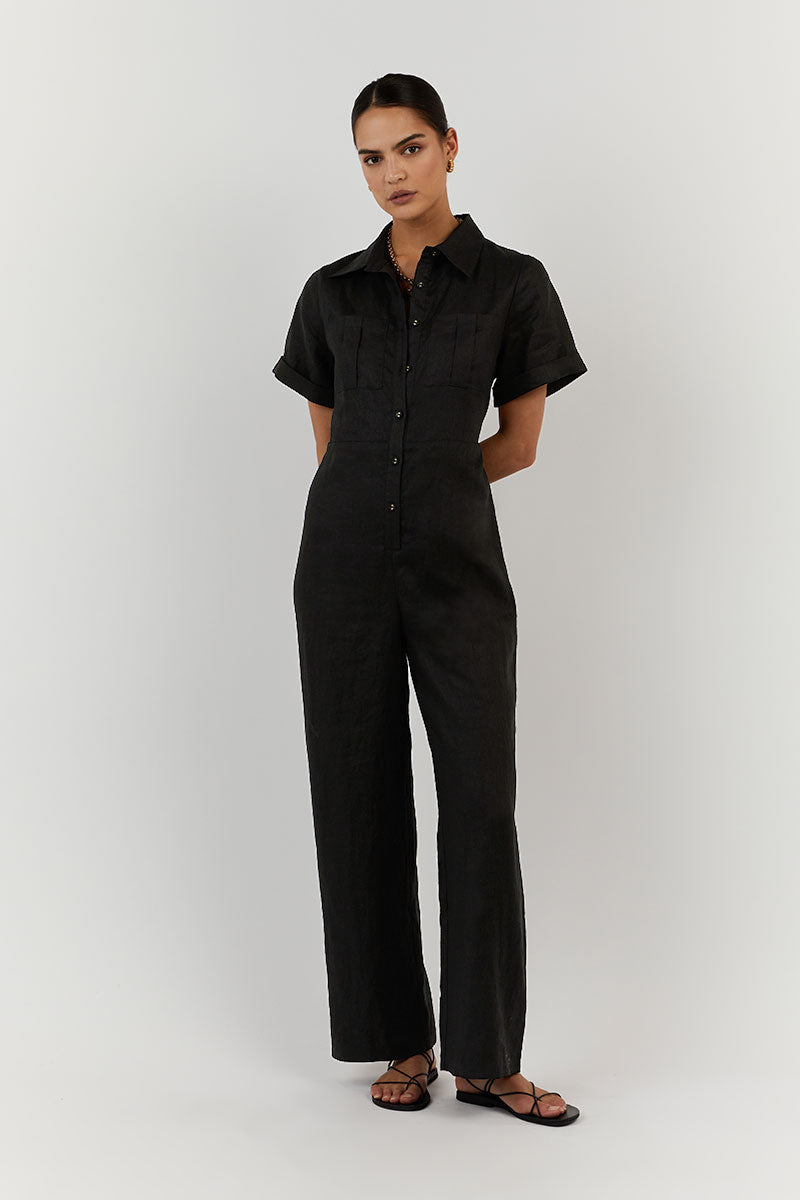LILY BLACK LINEN BOILER SUIT