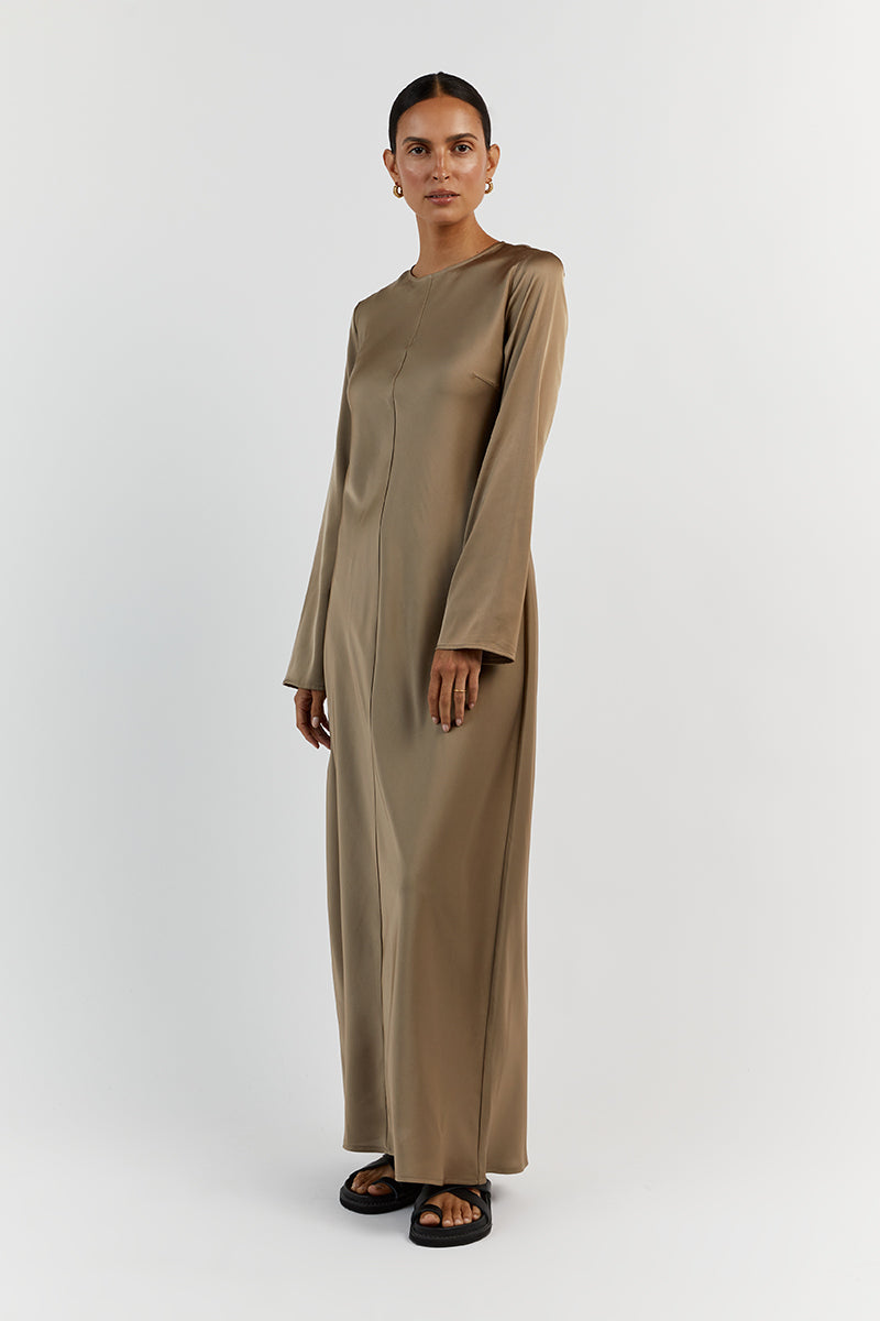 BLOOM MOSS SATIN LONG SLEEVE DRESS
