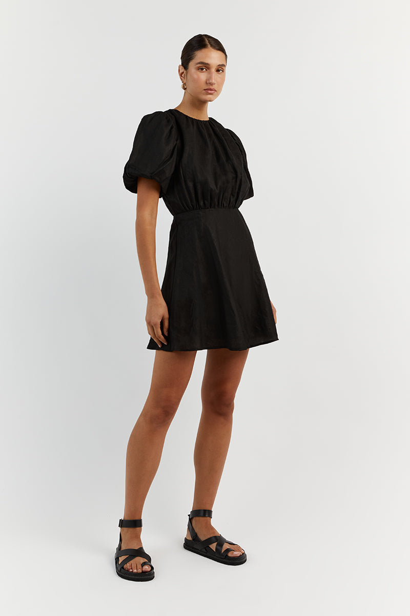 NAT BLACK GATHERED LINEN MINI DRESS