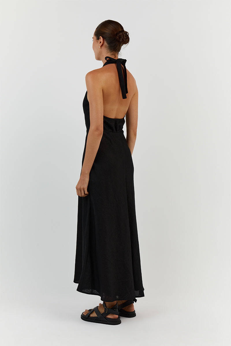 LOGAN BLACK LINEN MIDI DRESS