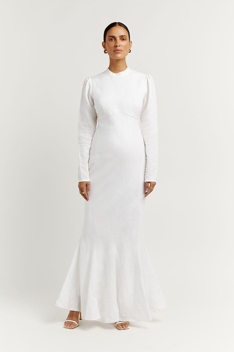 AISLE WHITE LINEN SLEEVE MIDI DRESS