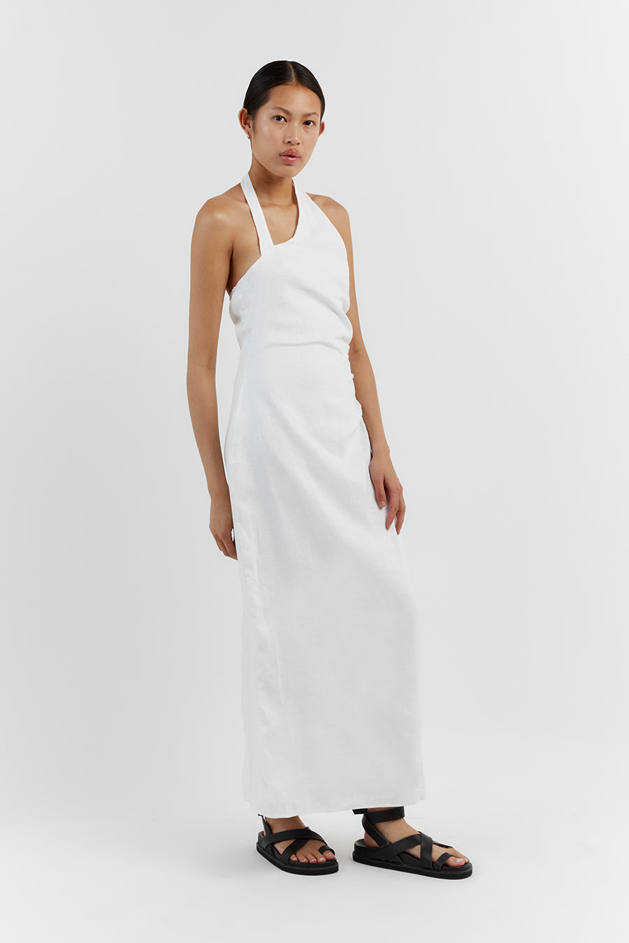 ZOEY WHITE ASYM LINEN MIDI DRESS