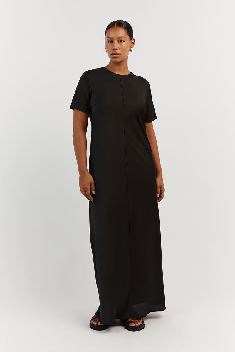 BLOOM BLACK SATIN SLEEVE MIDI DRESS