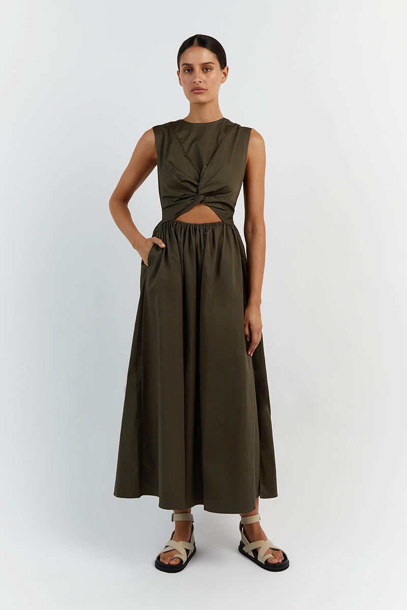 RAMSEY DARK OLIVE COTTON MIDI DRESS