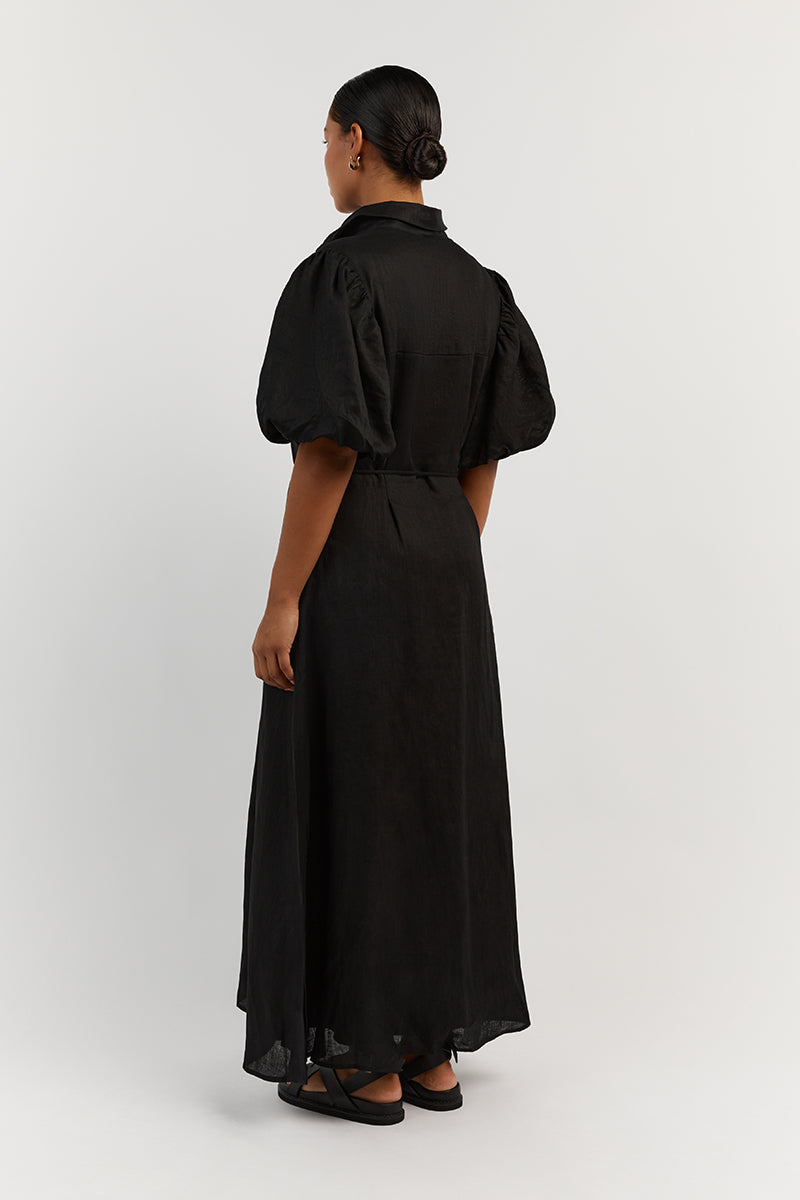 RAE BLACK LINEN SHIRT MIDI DRESS