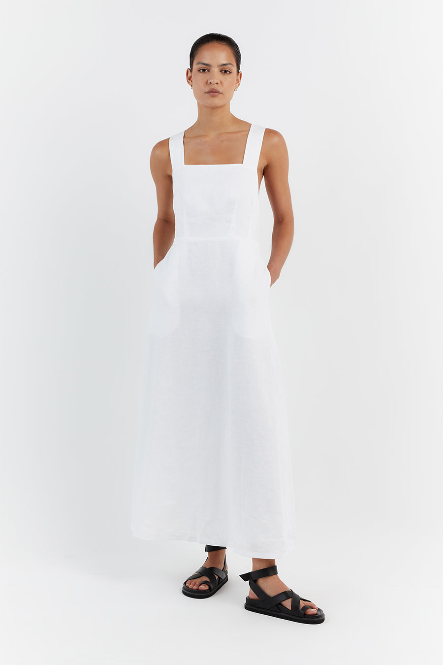 ZADIE WHITE APRON LINEN MIDI DRESS