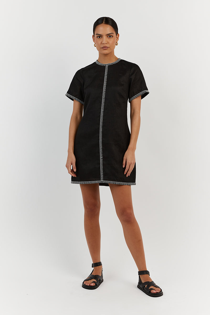 BELLA BLACK LINEN SHIFT MINI DRESS