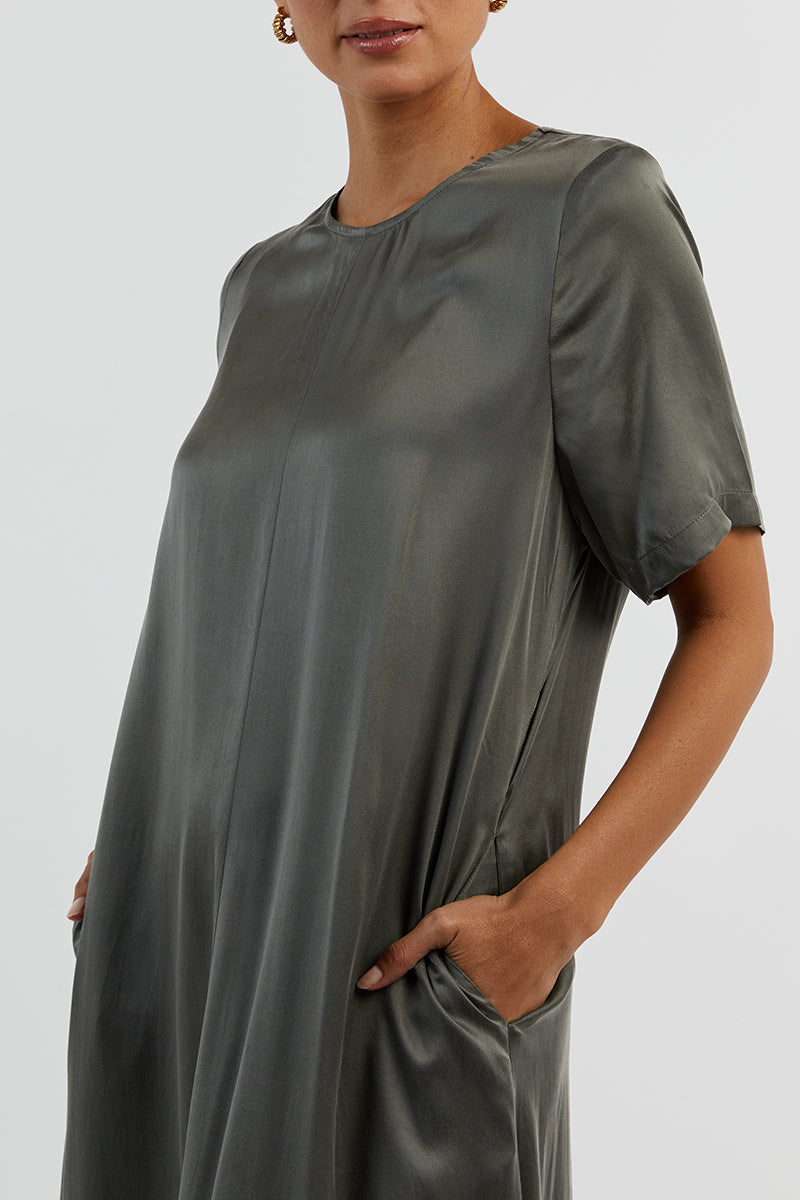 LAYLA DARK OLIVE SILK SHORT SLEEVE DRESS
