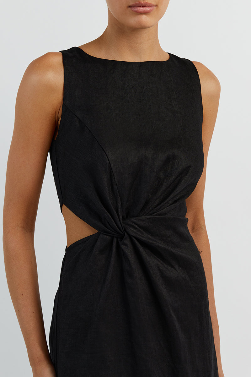 LEILANI BLACK LINEN MIDI DRESS