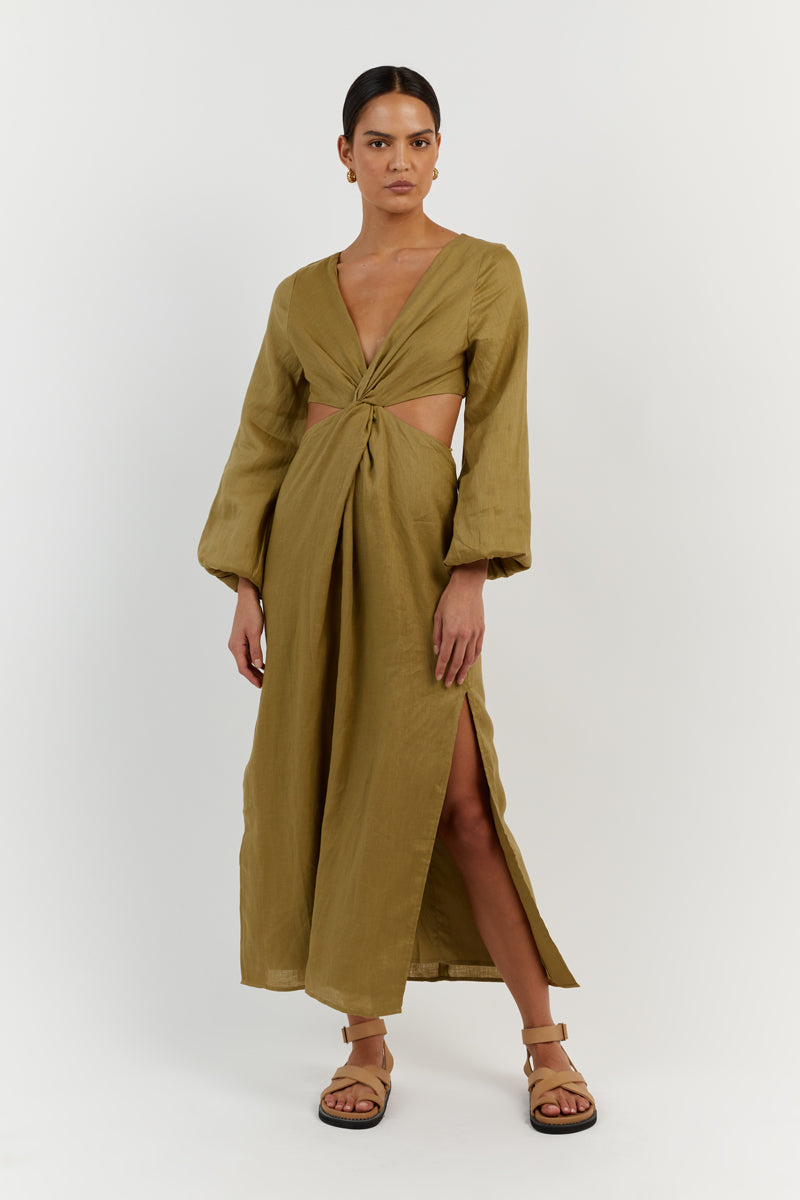 TINA OLIVE LINEN MIDI DRESS