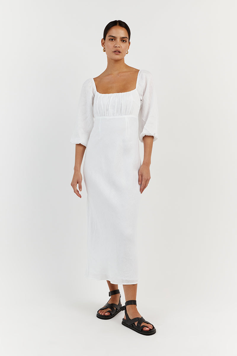 LILAH WHITE LINEN MIDI DRESS