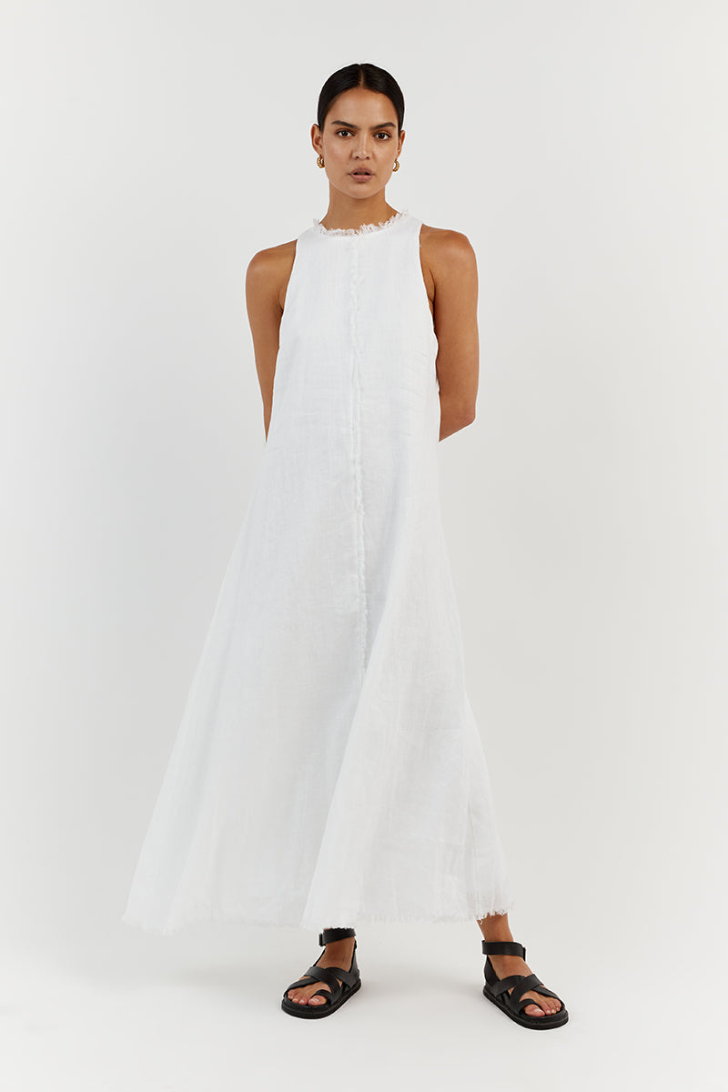 GEORGIE WHITE LINEN HIGH NECK DRESS