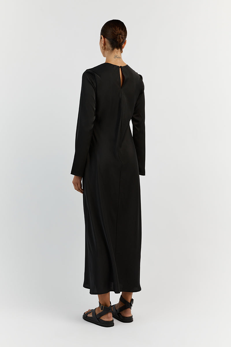 BLOOM BLACK SATIN LONG SLEEVE DRESS