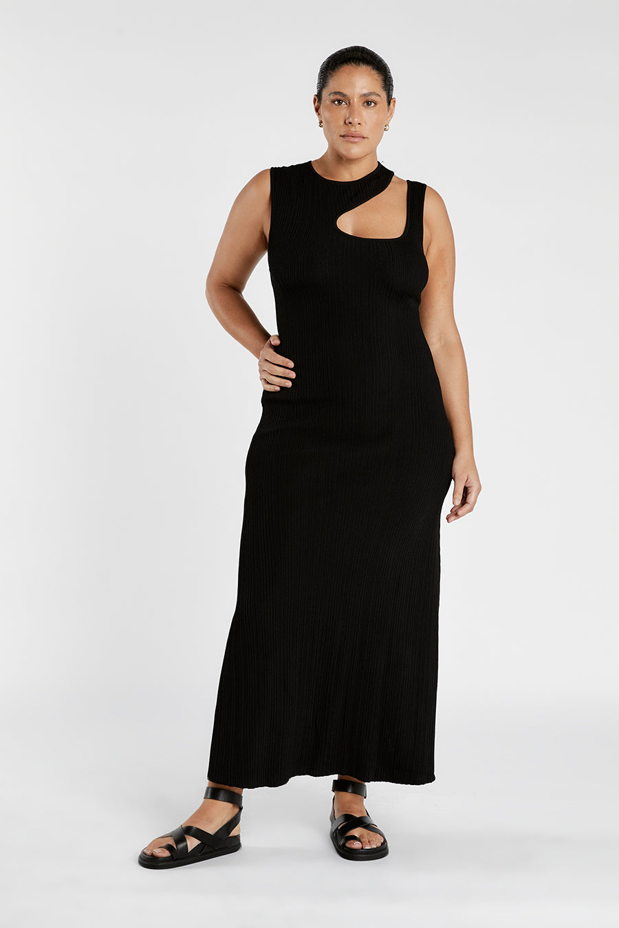 MADDOX BLACK KNIT ASYM MIDI DRESS
