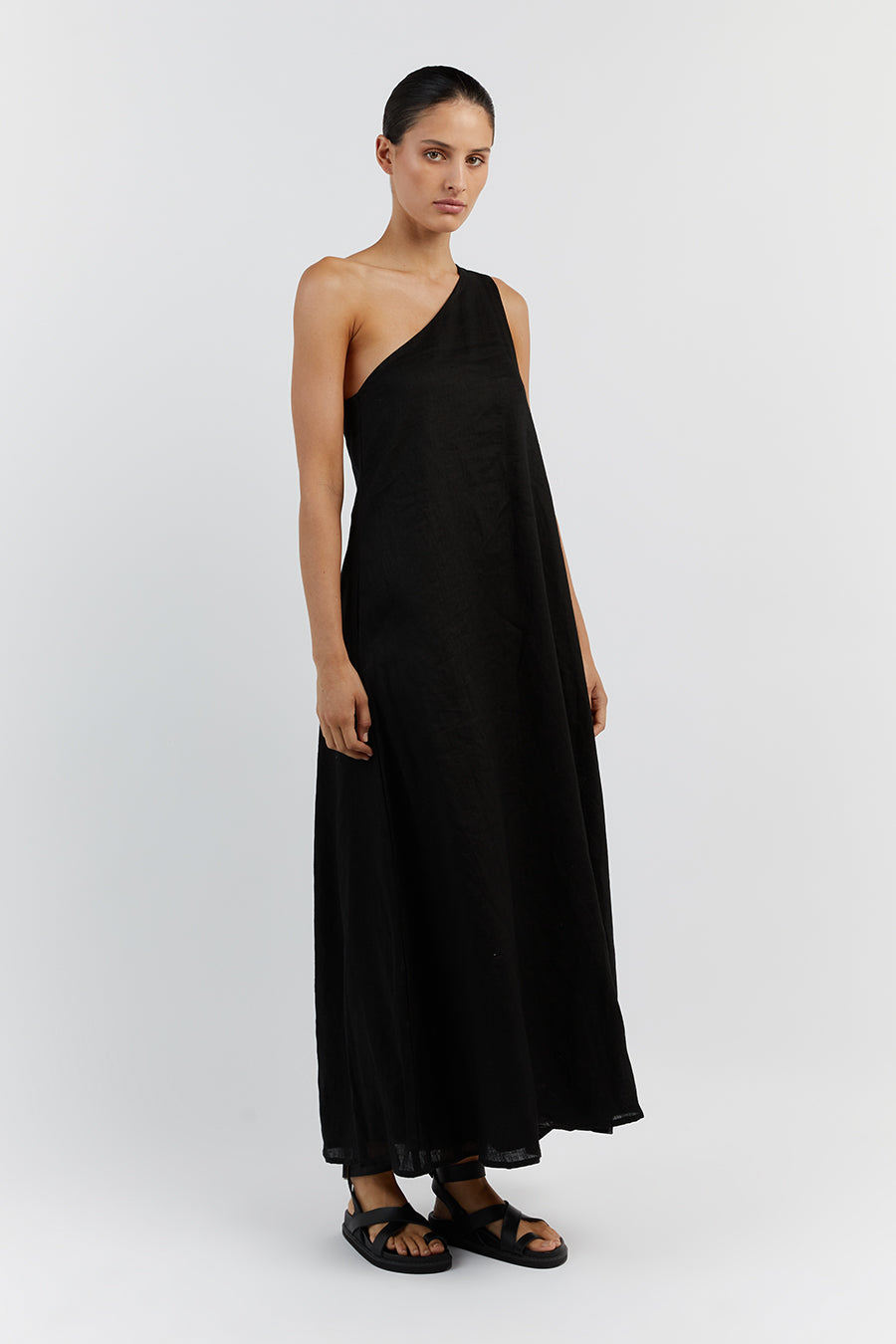 AMBER BLACK ONE SHOULDER MIDI DRESS