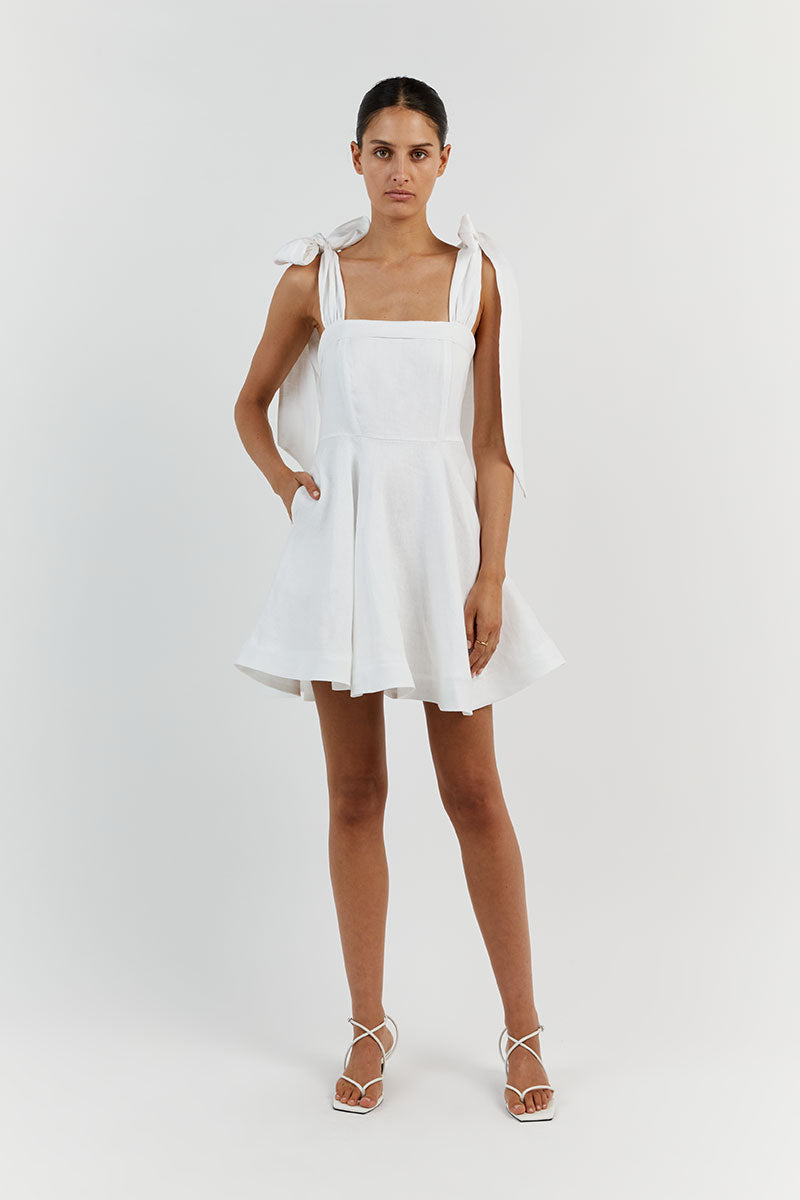 AISLE WHITE LINEN BOW MINI DRESS