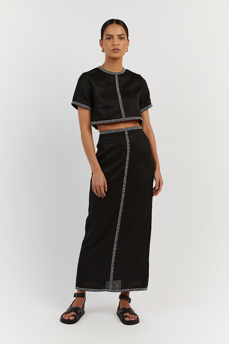 BELLA BLACK LINEN MIDI SKIRT