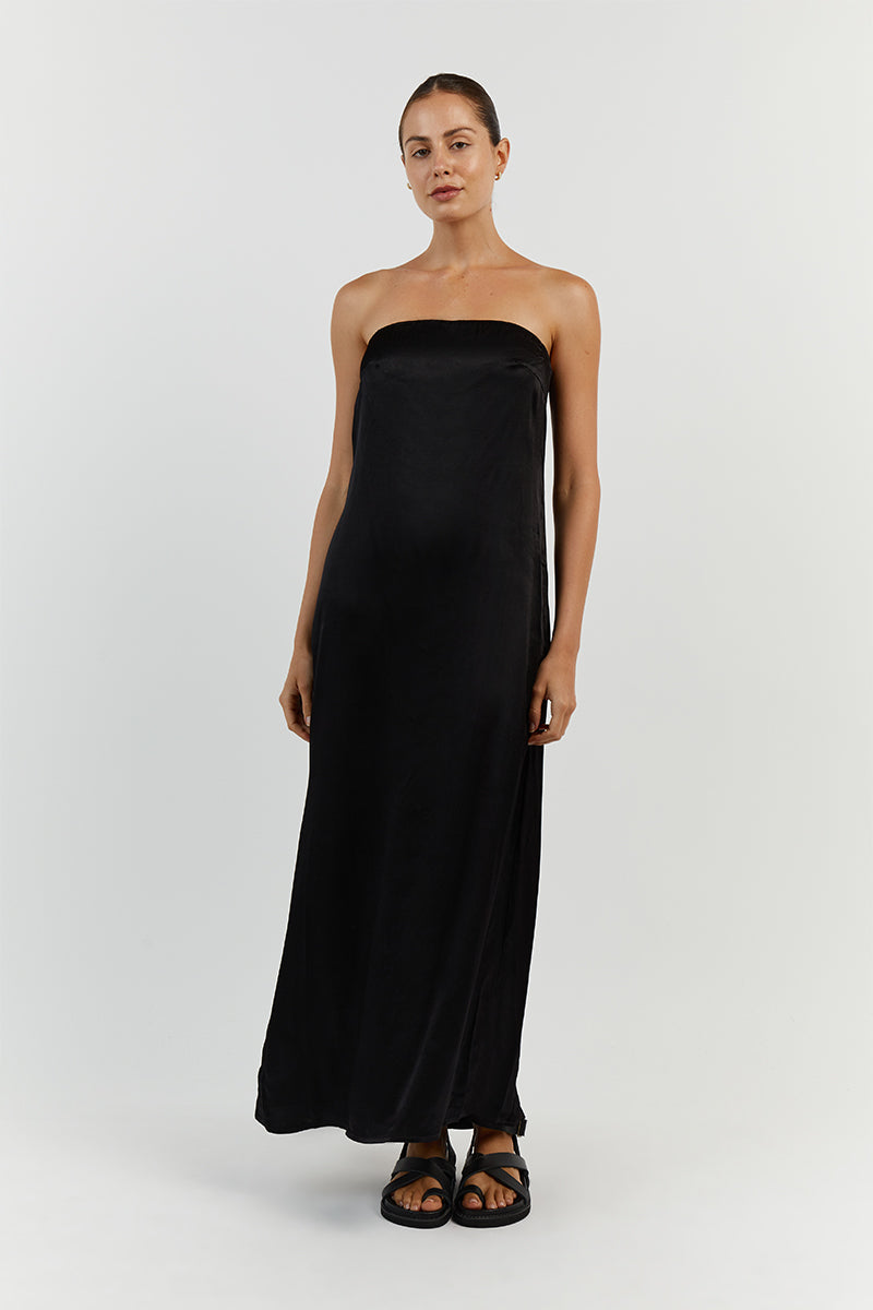 MIA BLACK STRAPLESS SATIN MIDI DRESS
