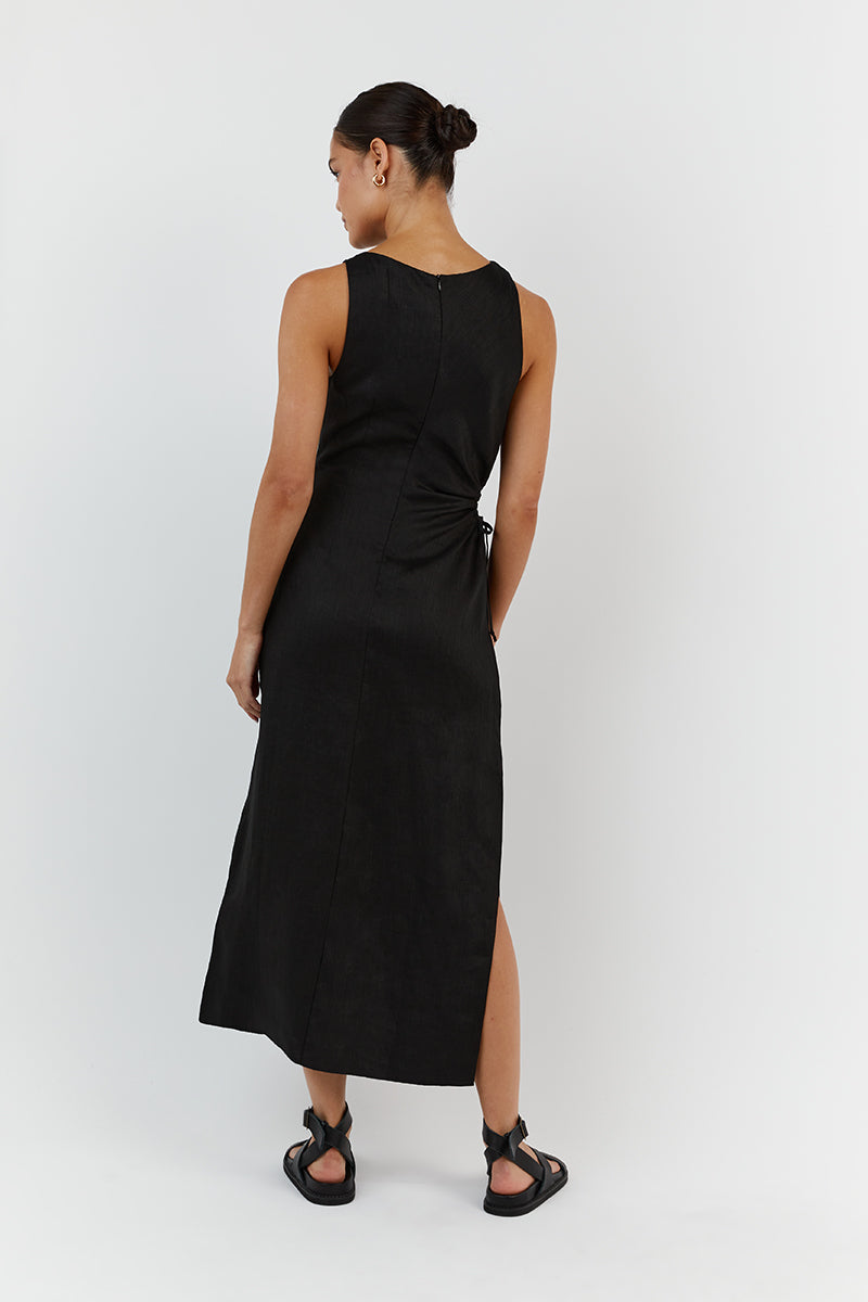 BEAU BLACK LINEN MIDI DRESS