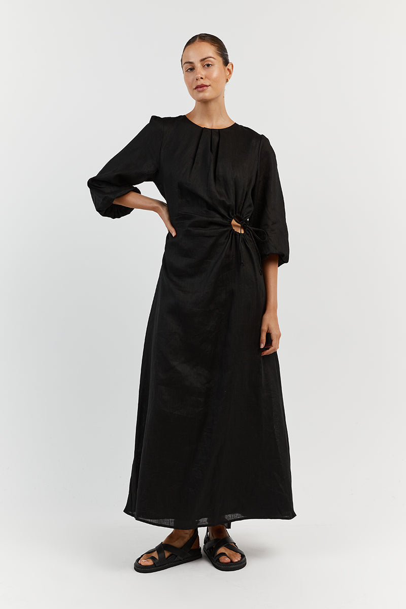 BEAU BLACK SLEEVED LINEN MIDI DRESS