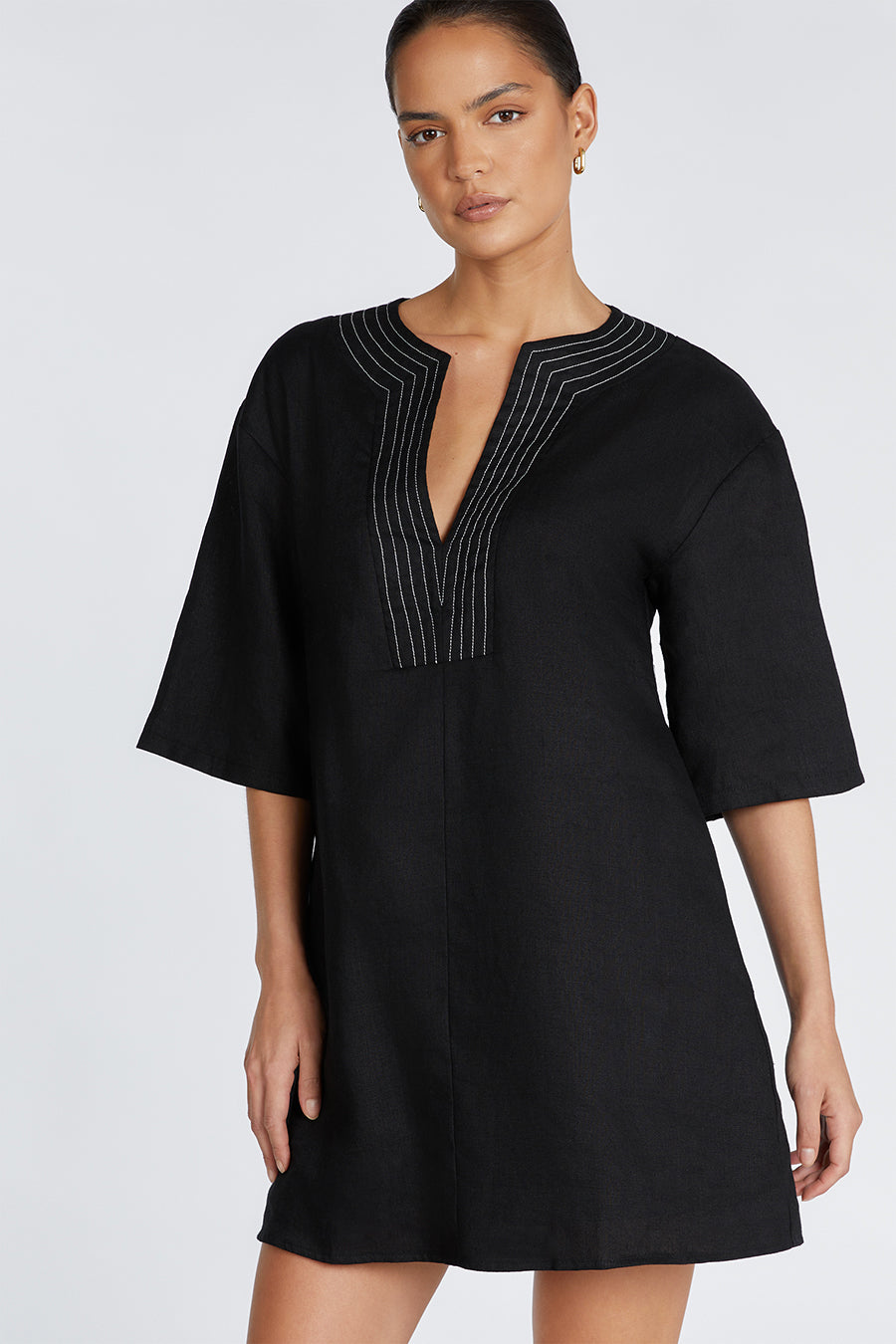 NALA BLACK LINEN MINI SMOCK DRESS