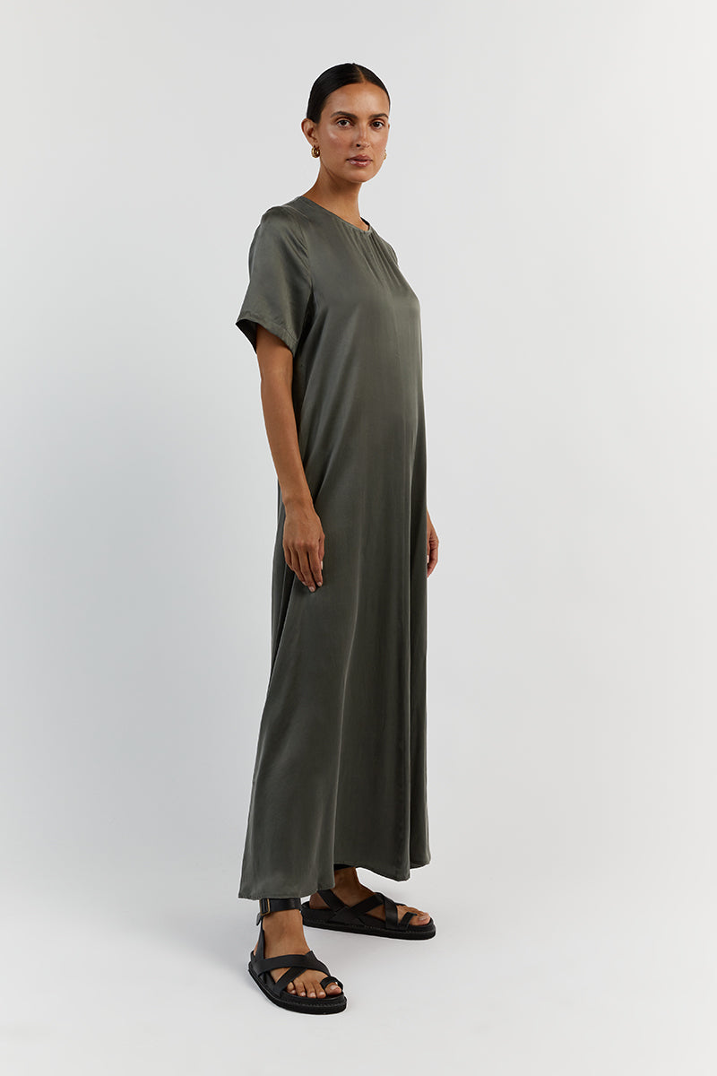 LAYLA DARK OLIVE SILK SHORT SLEEVE DRESS