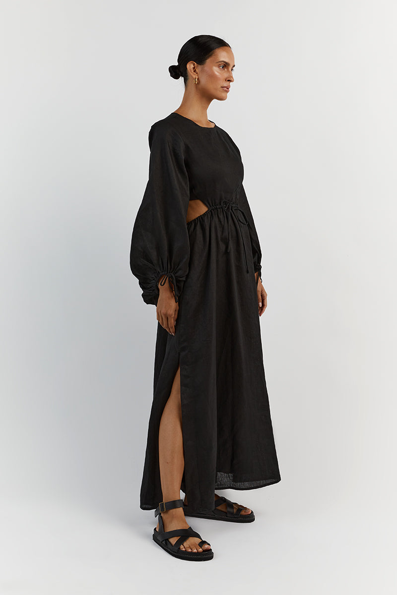 MOLLY BLACK LINEN MIDI DRESS