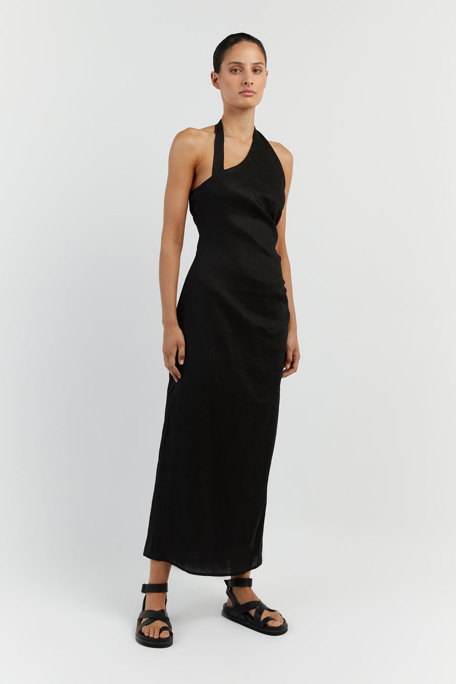 ZOEY BLACK ASYM LINEN MIDI DRESS