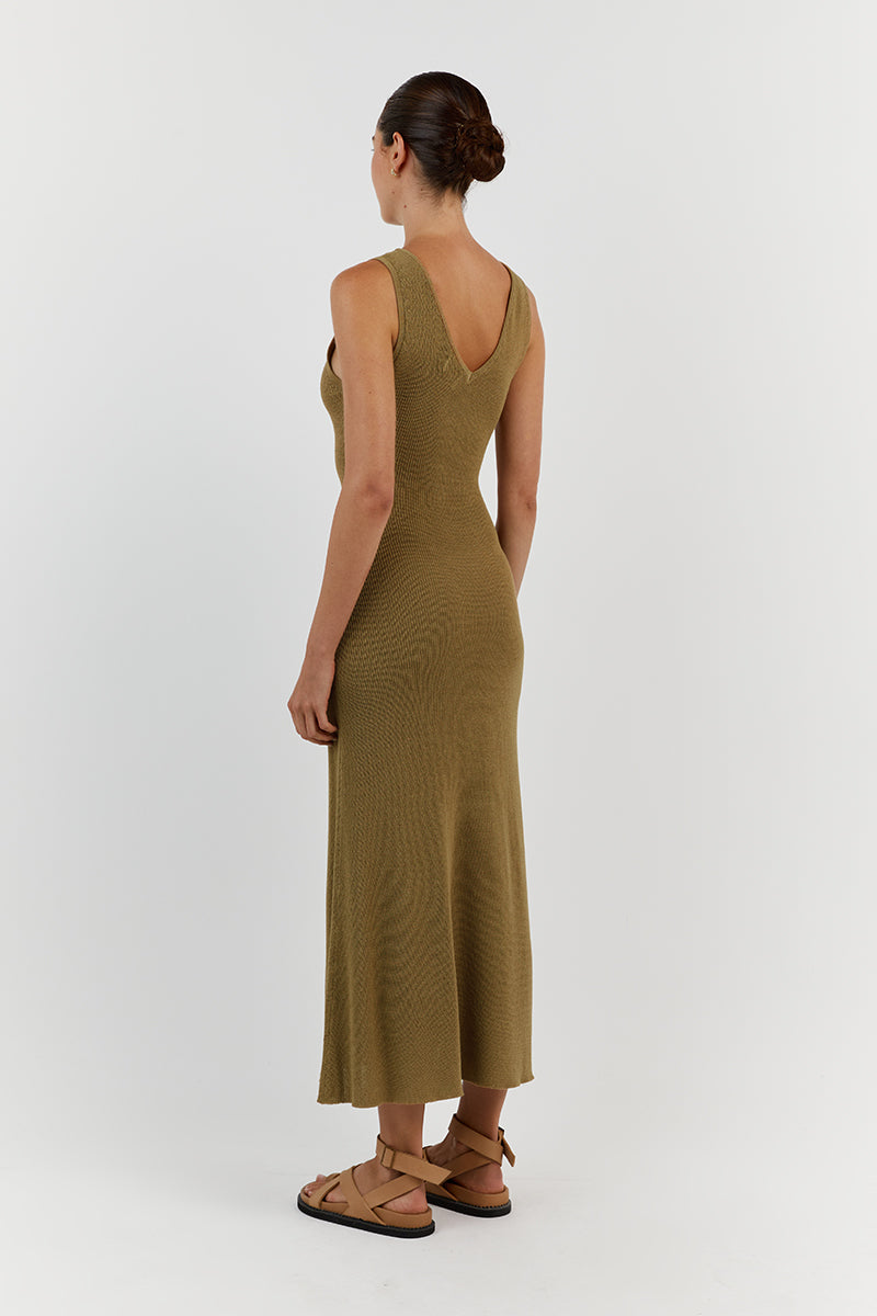 ASHER PISTACHIO V NECK MIDI DRESS