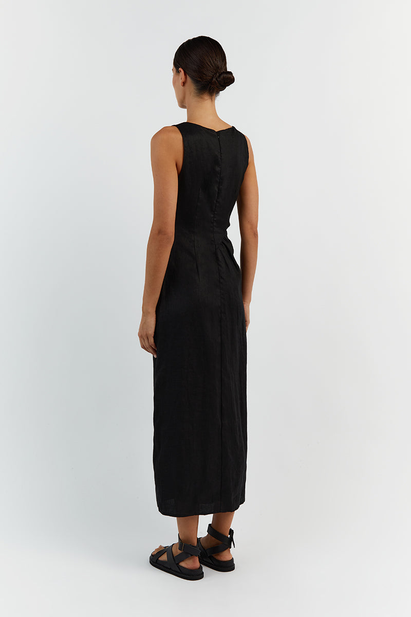 LEILANI BLACK LINEN MIDI DRESS
