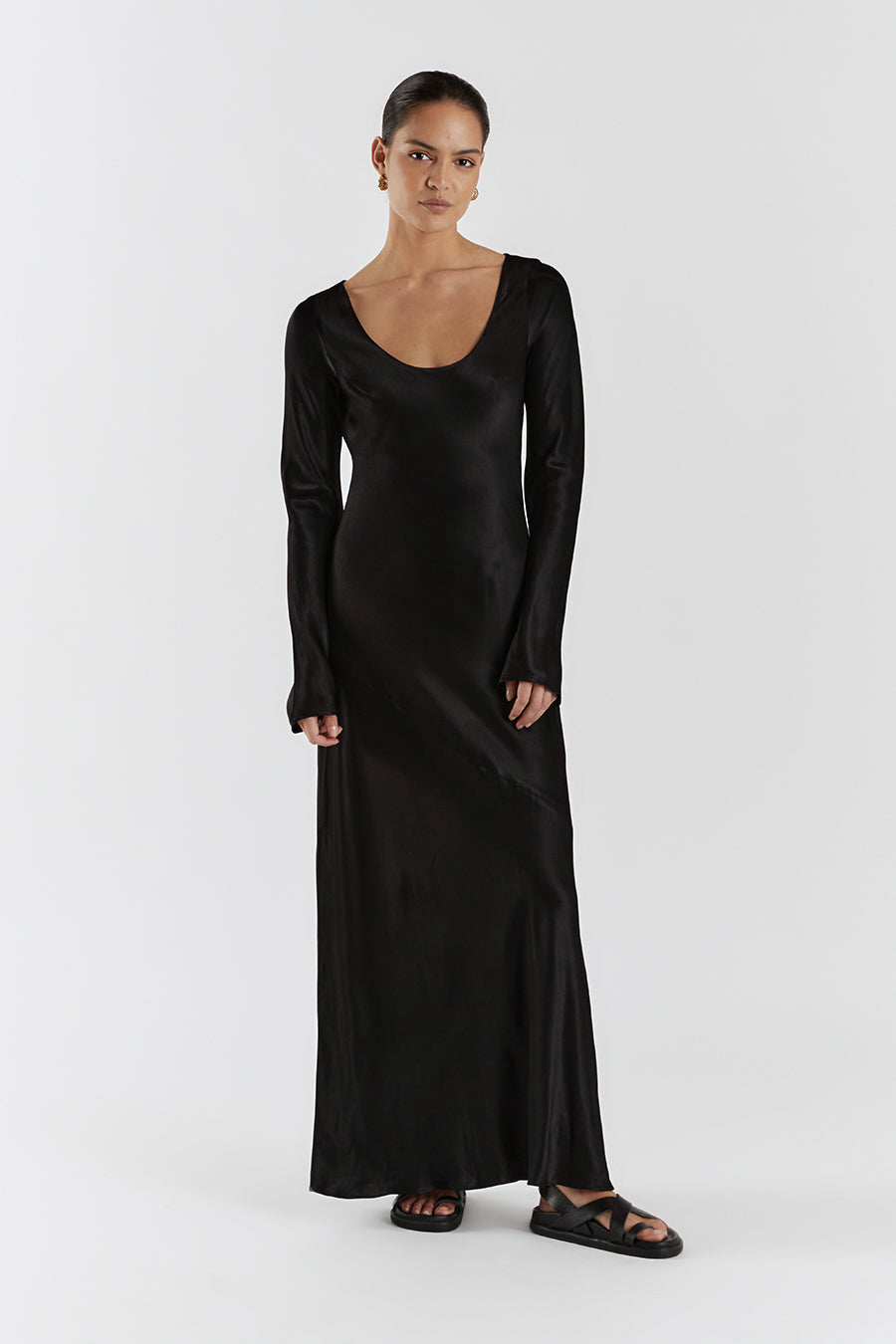 LEA BLACK SLEEVED SATIN MAXI DRESS