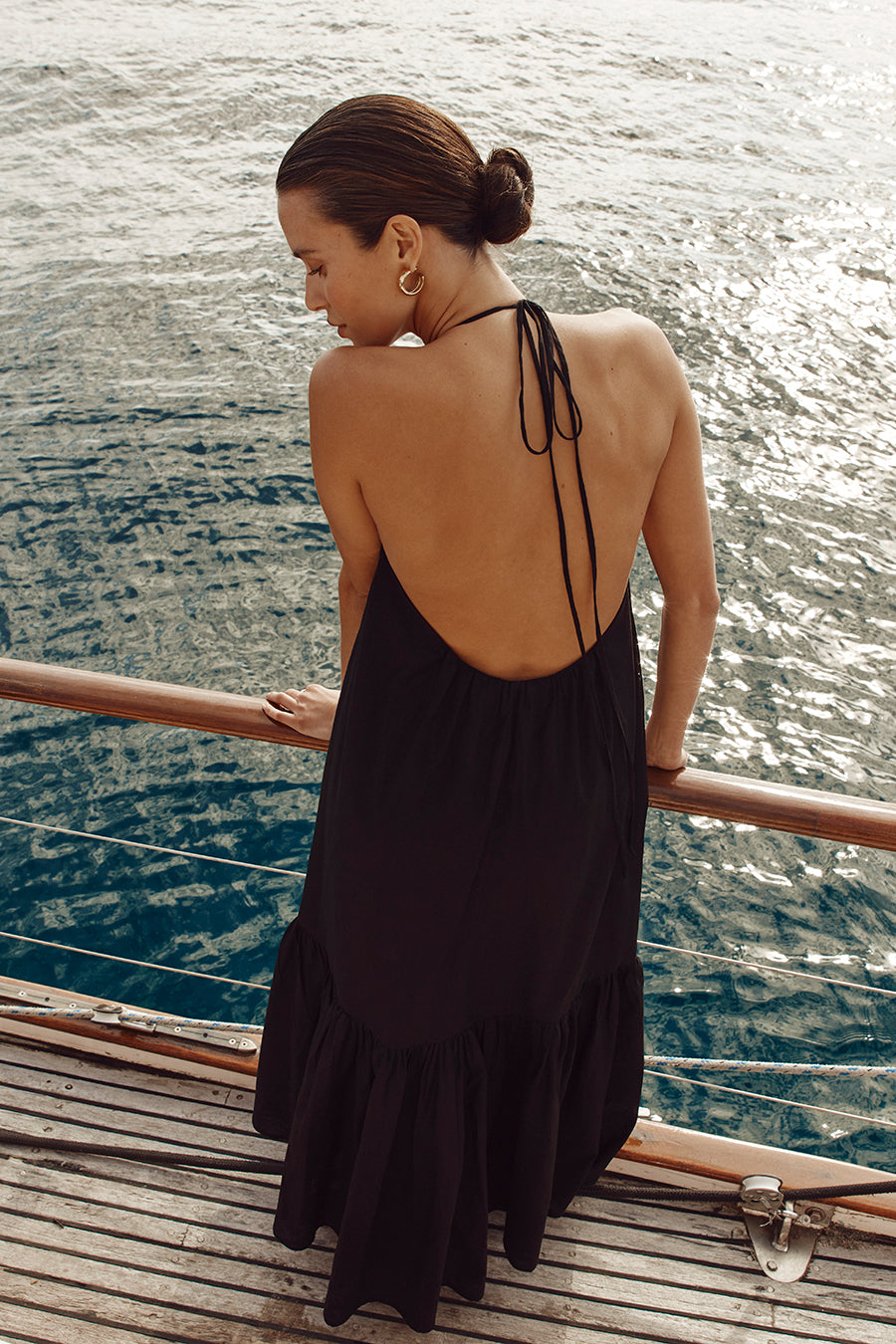 ARI BLACK LINEN HALTER MAXI DRESS