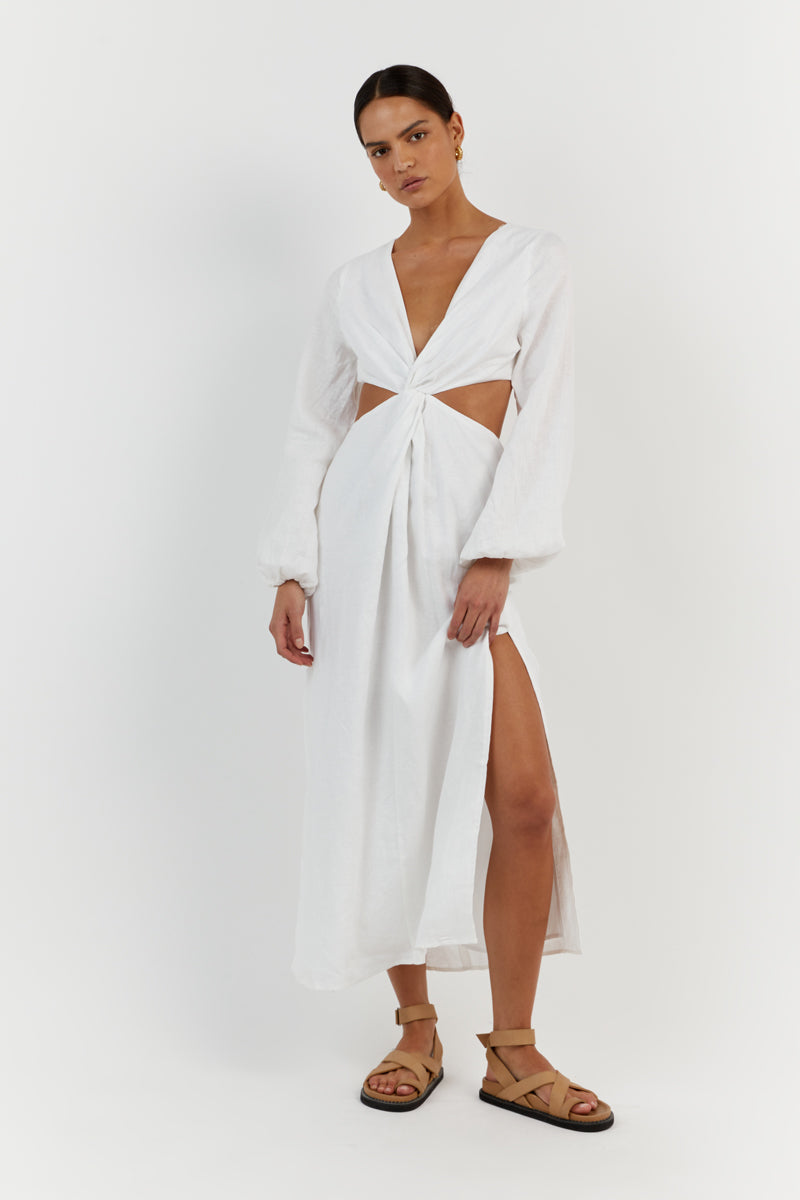 TINA WHITE LINEN MIDI DRESS