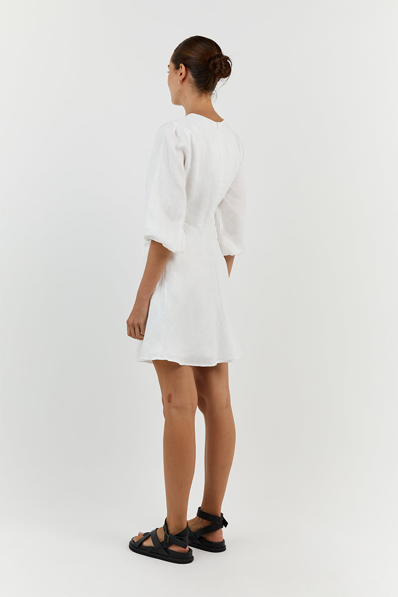 BEAU WHITE LINEN SLEEVED MINI DRESS