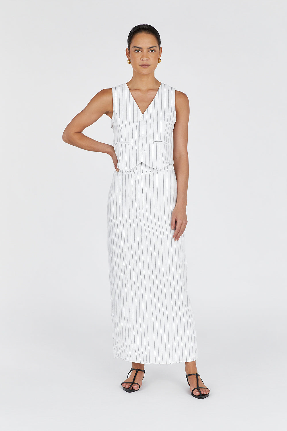 MARCEL WHITE PINSTRIPE MIDI SKIRT