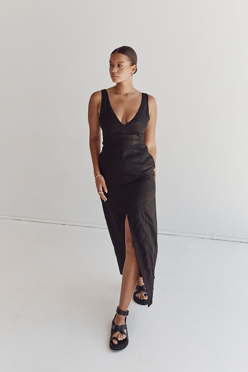 MILAHN BLACK LINEN V NECK DRESS