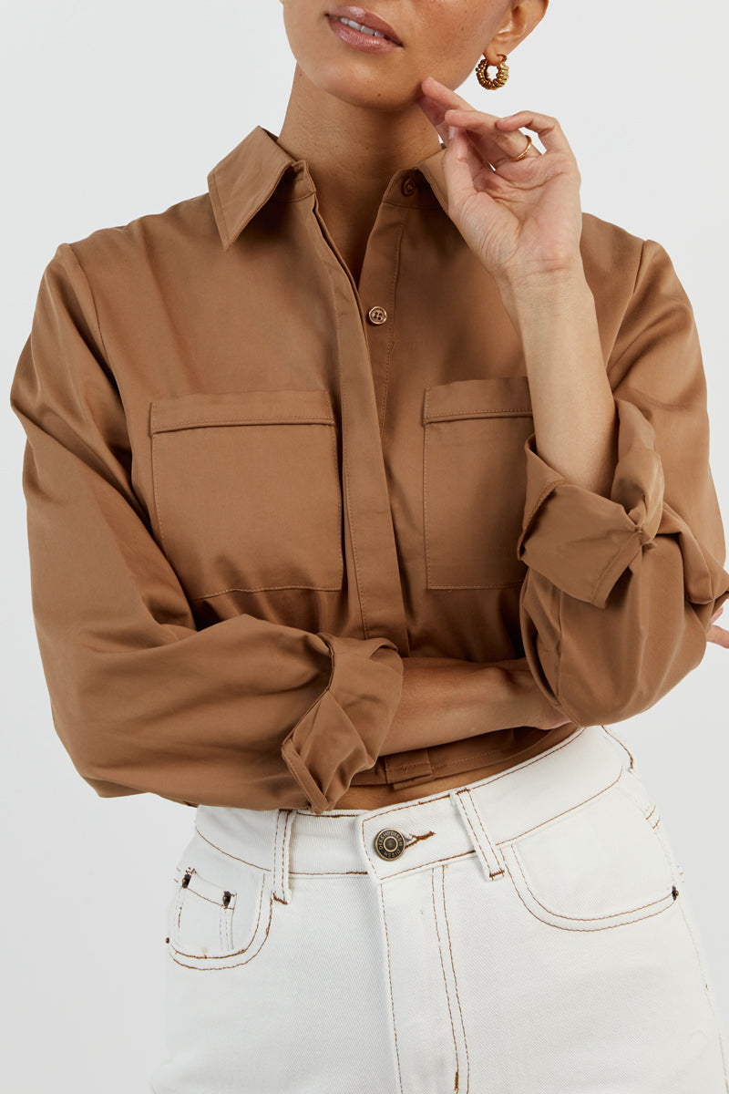 JORDY TAN COTTON CROPPED SHIRT