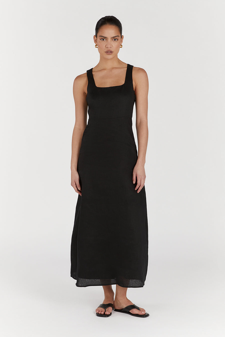 SHANNON BLACK LINEN MIDI DRESS