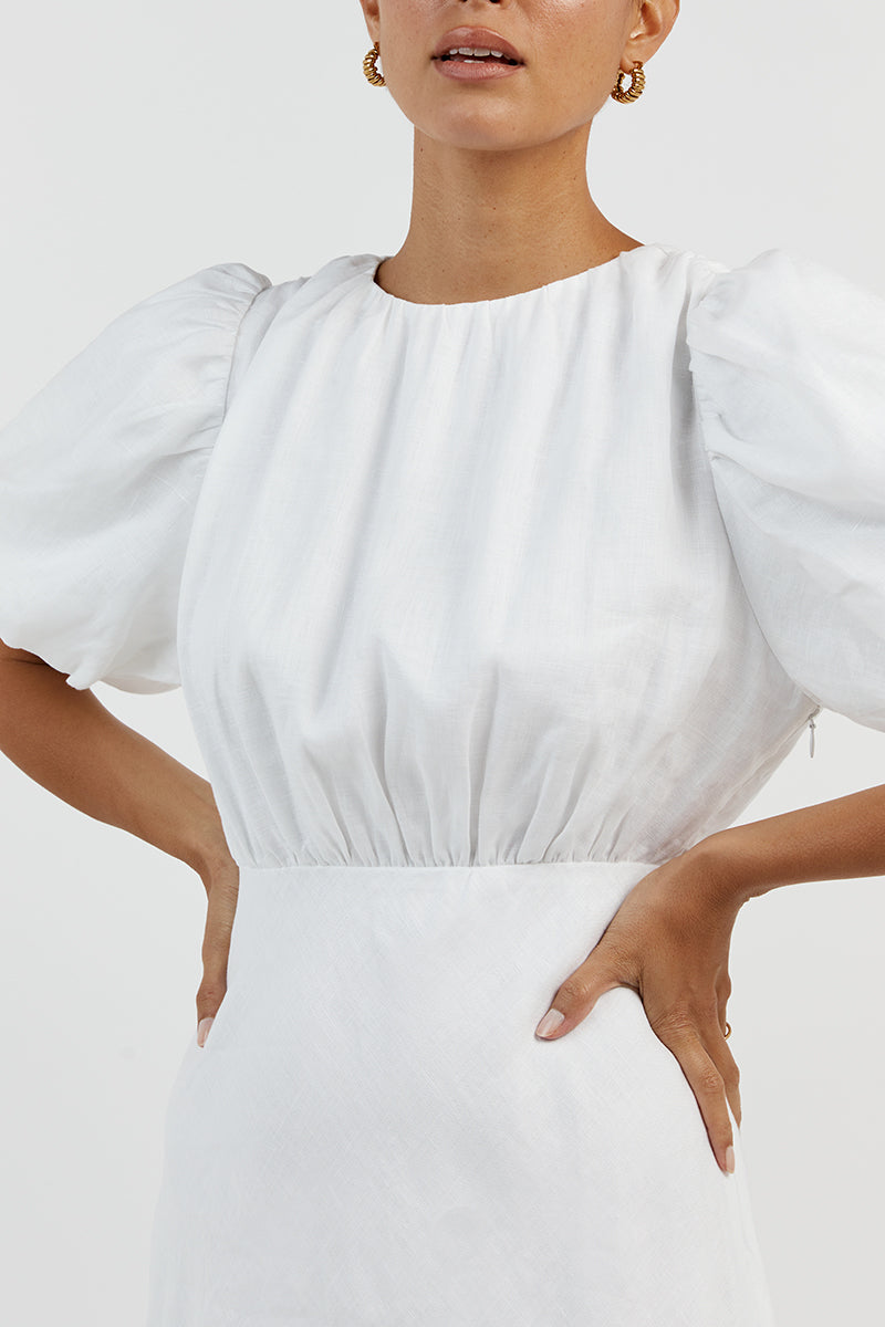 NAT WHITE LINEN GATHERED MIDI DRESS