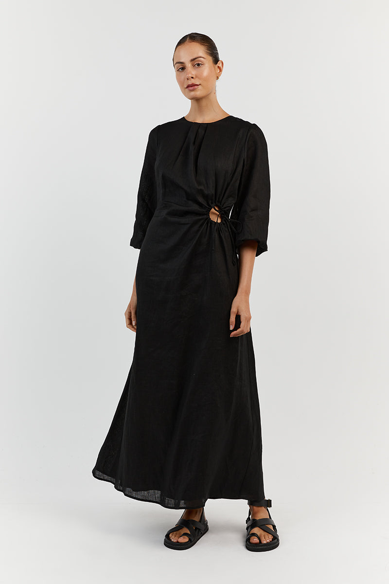 BEAU BLACK SLEEVED LINEN MIDI DRESS