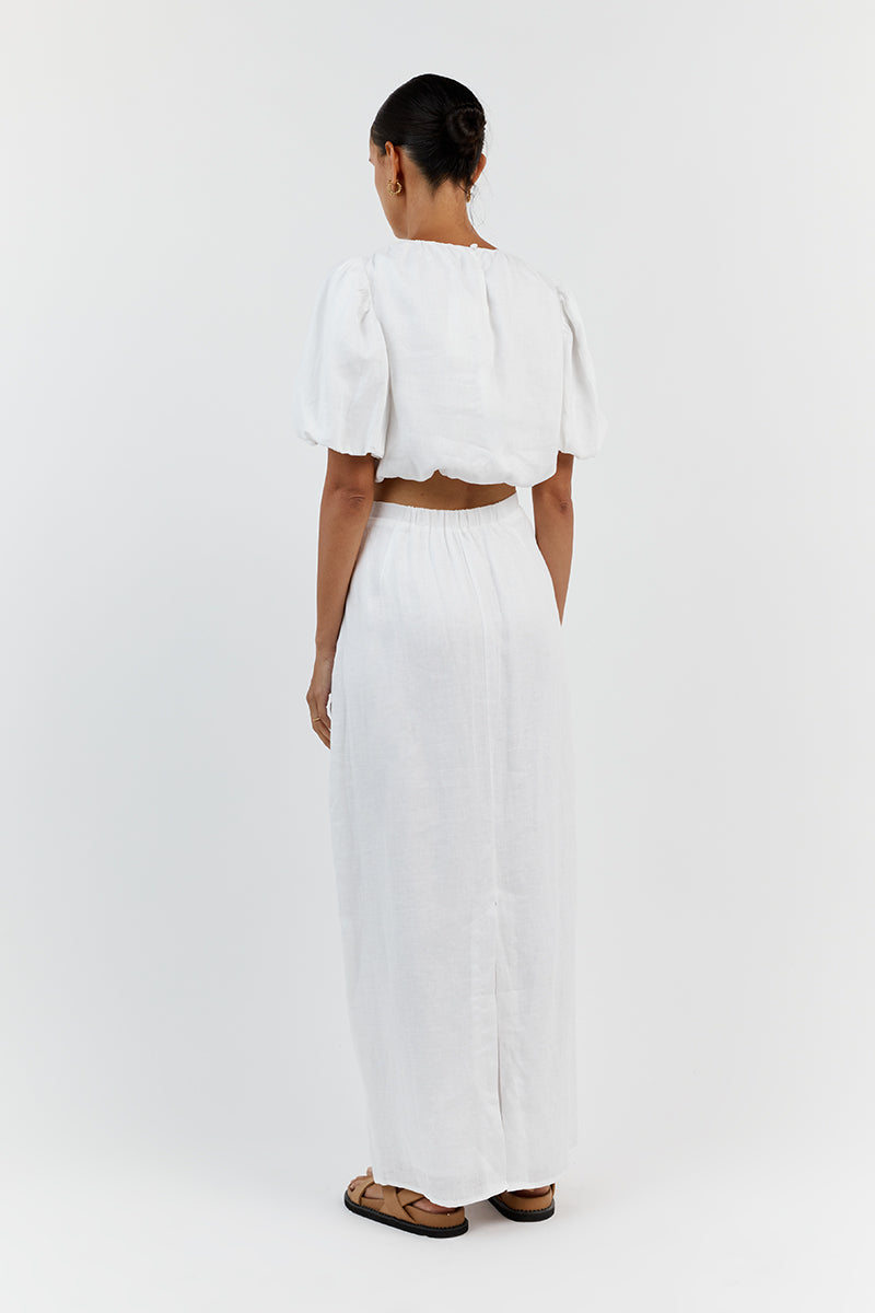 NAT WHITE GATHERED LINEN CROP TOP